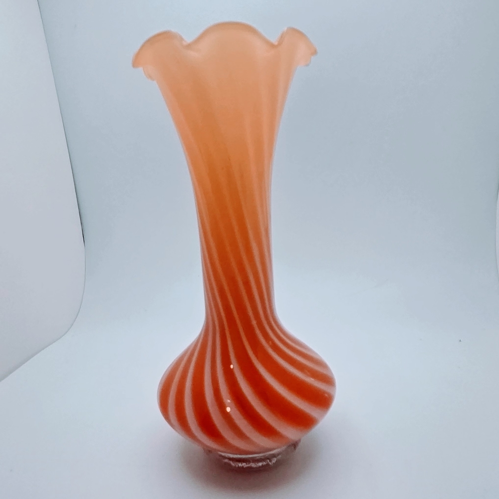 Vintage Striped Handblown Glass Bud Vase - 7.75" White, pinkish Orange - Retro